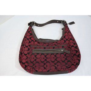 Coach Signature Hobo Bag Burgundy & Black Canvas Leather Trim, Creed D6J-6070